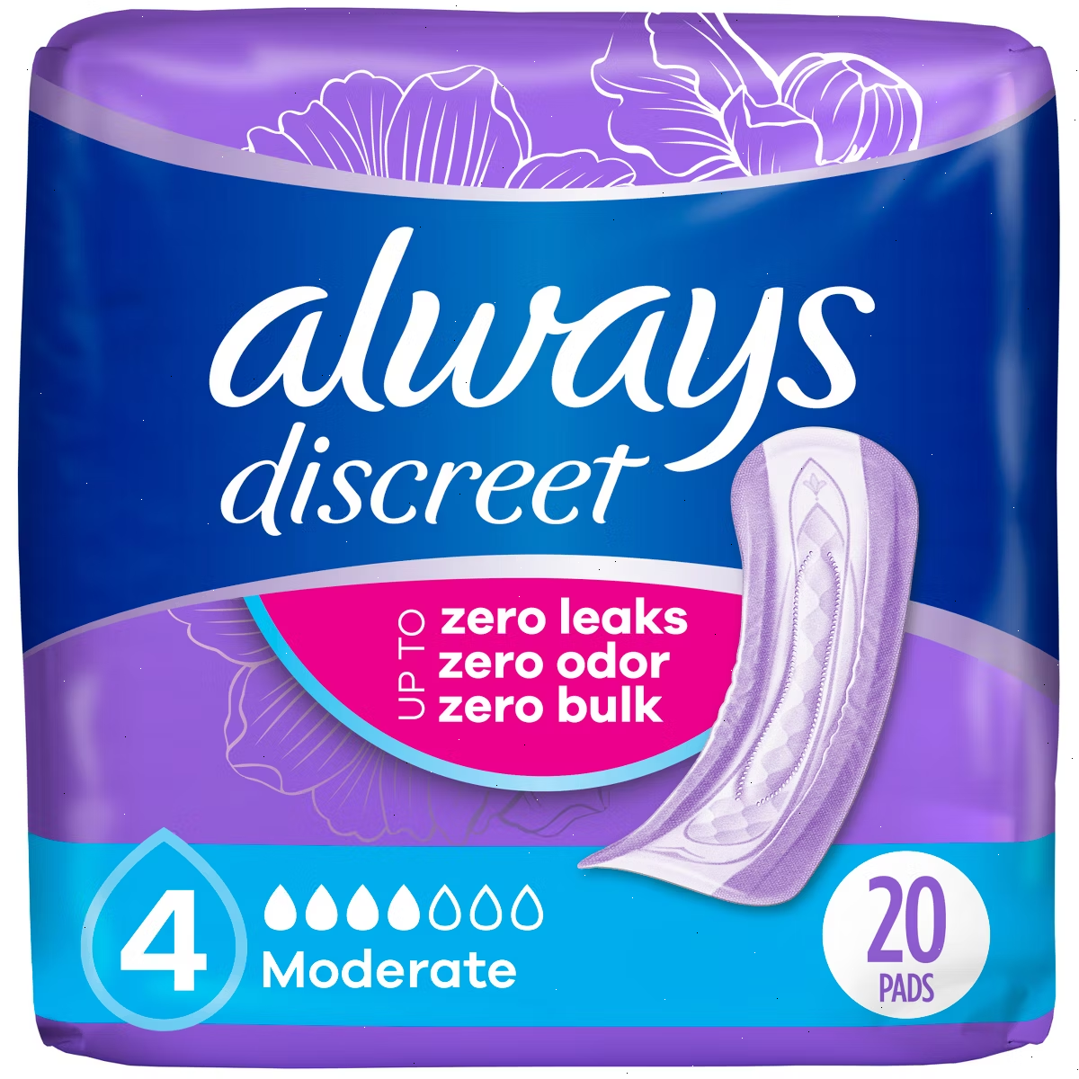 Always Discreet Incontinence & Postpartum Incontinence Pads for Women - Moderate Absorbency - Size 4